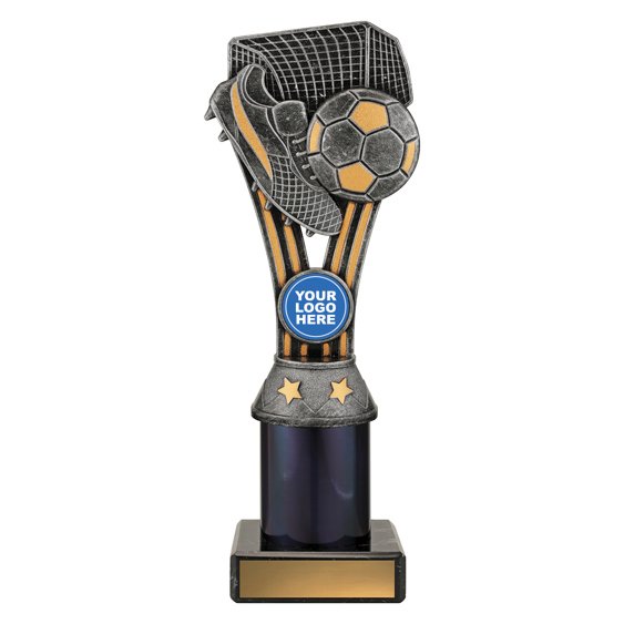 Large silver and gold soccer trophy with boot, ball, and goal net on black base.