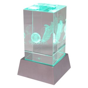 Clear crystal block award with etched soccer boot and ball design illuminated by green LED light.