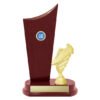 Large mahogany finish trophy with tall curved panel and gold soccer boot figure on round base, complete with custom engraving plate.