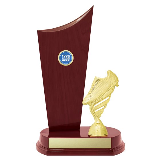 Large mahogany finish trophy with tall curved panel and gold soccer boot figure on round base, complete with custom engraving plate.