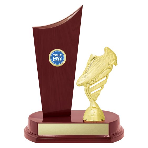 Small mahogany finish trophy with tall curved panel and gold soccer boot figure on round base, complete with custom engraving plate.
