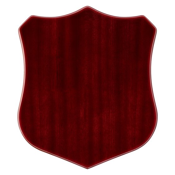 Small mahogany finish shield shaped timber plaque designed for engraving, honour boards or perpetual award plates.