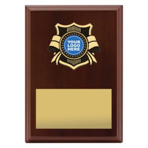 Medium mahogany finish timber award plaque featuring gold shield and ribbon emblem with centre logo space and wide gold engraving plate for custom text.