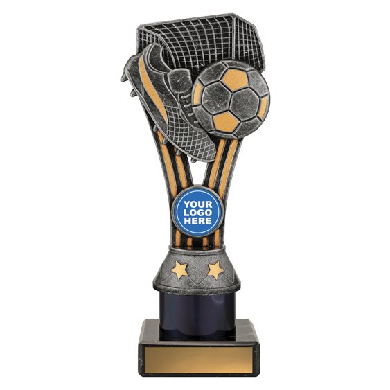 Medium silver and gold soccer trophy with boot, ball, and goal net on black base.