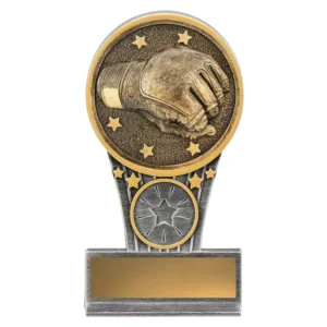 Silver and gold wrestling trophy with raised wrestling glove emblem, star details, and gold engraving plate on base