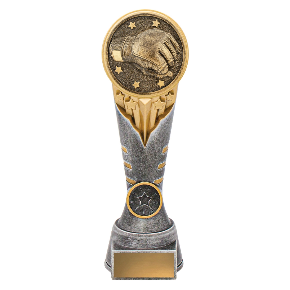 Extra large silver and gold wrestling trophy with raised wrestling glove emblem, star details, and gold engraving plate on base.