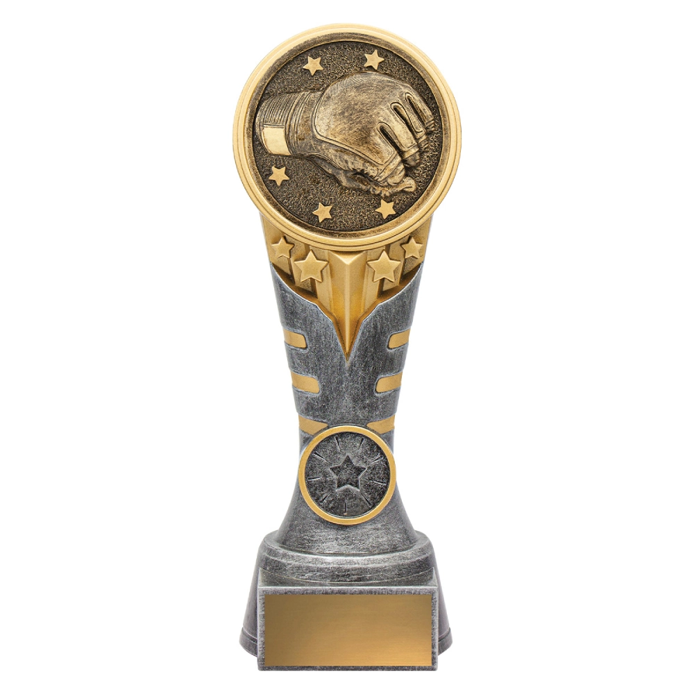 Large silver and gold wrestling trophy with raised wrestling glove emblem, star details, and gold engraving plate on base.