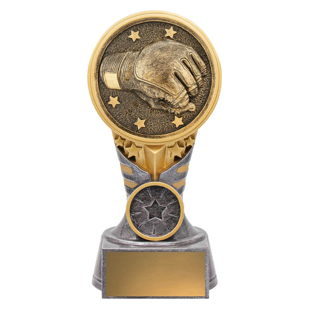 Small silver and gold wrestling trophy with raised wrestling glove emblem, star details, and gold engraving plate on base.
