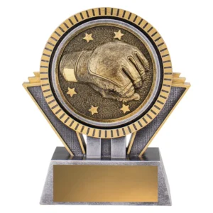 Small silver and gold wrestling trophy with raised wrestling glove emblem, shield style design, star details, and gold engraving plate on base.