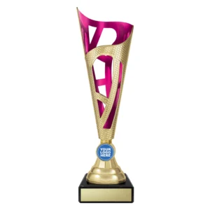 large modern swirl trophy cup with gold textured frame and pink panels, centre logo insert, and black base with engraving plate