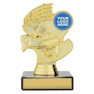 Gold music piano trophy with circular logo insert holder on black base with engraved name plate