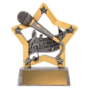 Music trophy with microphone and musical notes inside gold star frame on silver base
