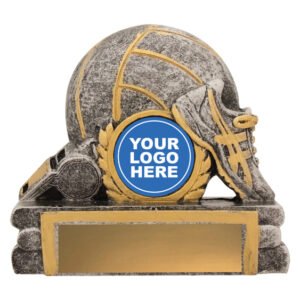 Resin netball trophy featuring ball and whistle design with logo insert and blank gold engraving plate