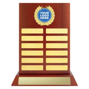 Perpetual award plaque with wooden board, laurel crest top and multiple engraved name plates