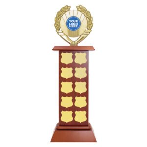 Perpetual award trophy with laurel top and wooden column featuring multiple name plates