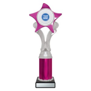 Large pink star trophy topper with silver stem and pink column on black base with blank engraving plate