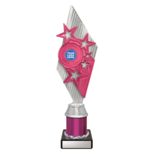 Medium pink and silver star trophy with multiple stars and central logo holder on column base