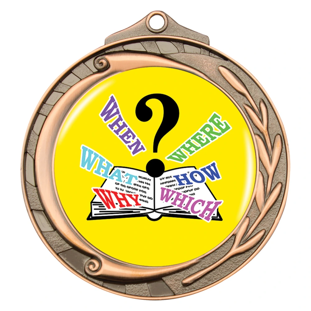 Bronze quiz medal with question mark and open book design featuring who what when where why and how text