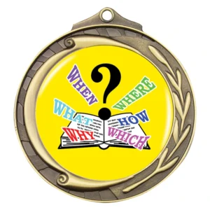 Gold quiz medal with question mark and open book design featuring who what when where why and how text
