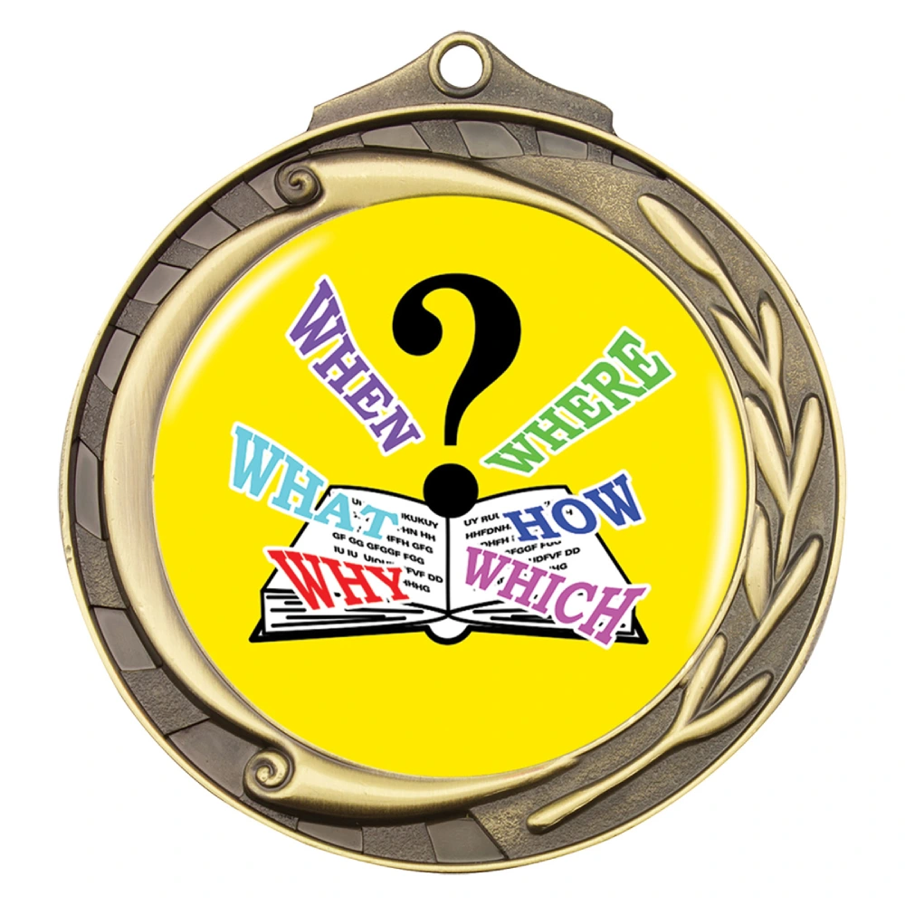 Gold quiz medal with question mark and open book design featuring who what when where why and how text