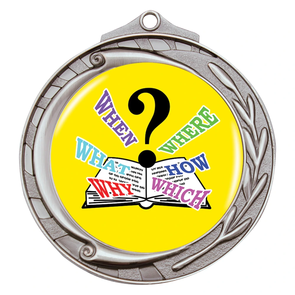 Silver quiz medal with question mark and open book design featuring who what when where why and how text