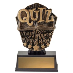 Bronze quiz trophy with open book design and What Where When How text, mounted on black base with gold engraving plate