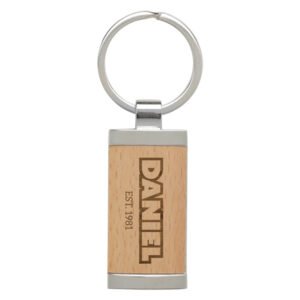 Rectangular wood and metal engraved keyring with personalised name and metal ring