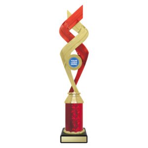 Large red and gold twist trophy with red column base and circular logo insert holder