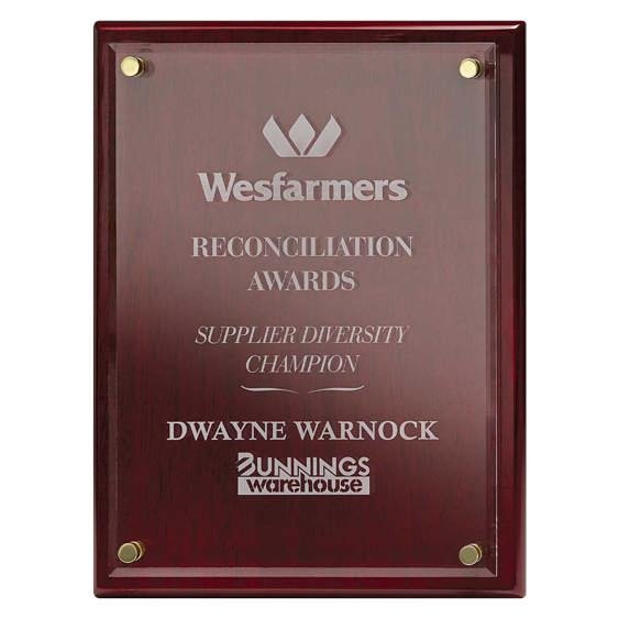 Large red timber finish plaque with clear glass front panel, gold stand-off fittings and custom engraved corporate award text.