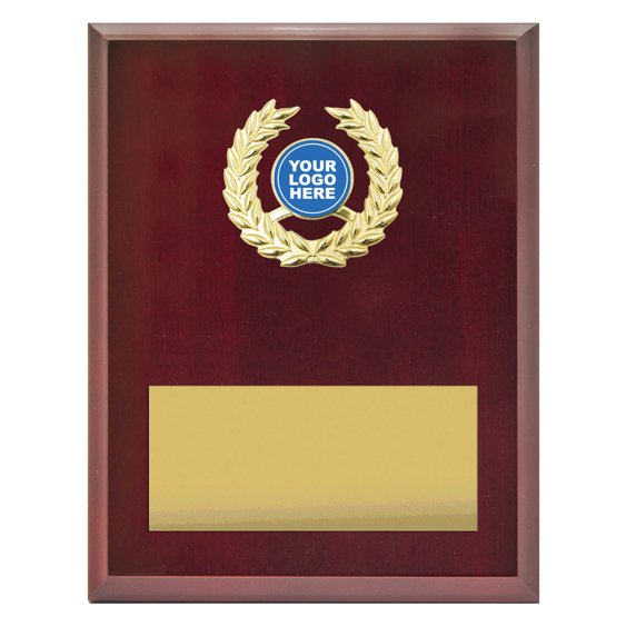 Extra large red timber award plaque featuring gold laurel wreath insert with centre logo space and wide gold engraving plate for custom text.