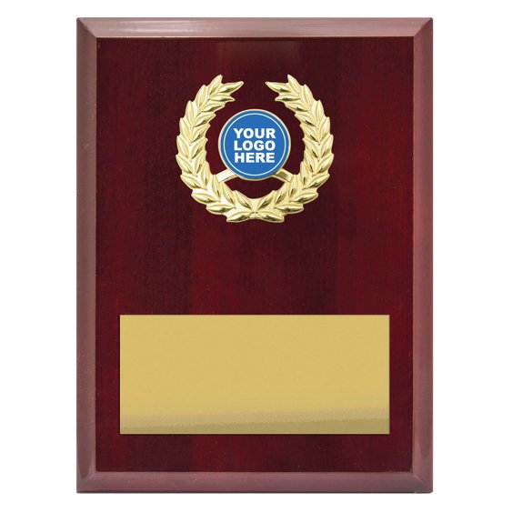 Large red timber award plaque featuring gold laurel wreath insert with centre logo space and wide gold engraving plate for custom text.