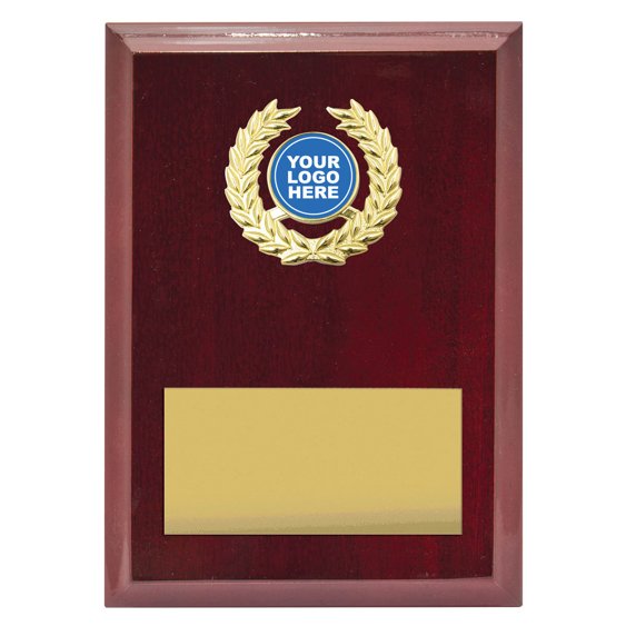 Medium red timber award plaque featuring gold laurel wreath insert with centre logo space and wide gold engraving plate for custom text.