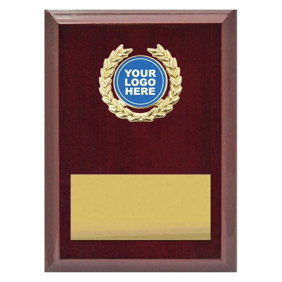 Small red timber award plaque featuring gold laurel wreath insert with centre logo space and wide gold engraving plate for custom text.