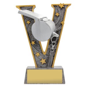 Referee whistle trophy with V shape design and blank gold engraving plate on base