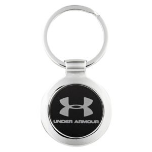 Round metal keyring with circular logo insert and polished finish