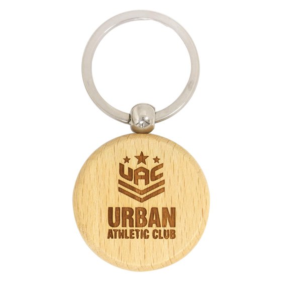 Round wooden engraved keyring with laser etched logo and metal ring
