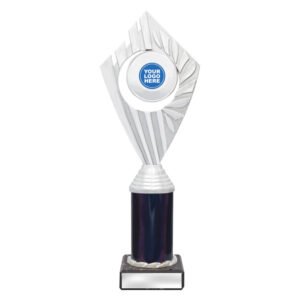 Large silver abstract panel trophy with blue column base and circular logo insert holder