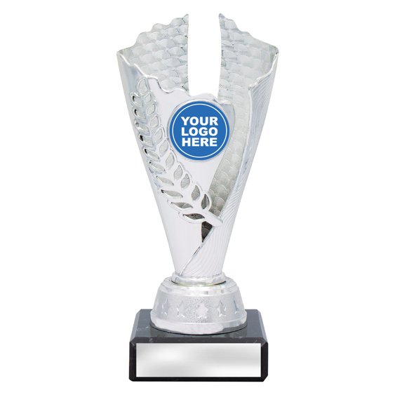 Extra small silver laurel trophy with black textured insert, black column centre and engraving plate on black base
