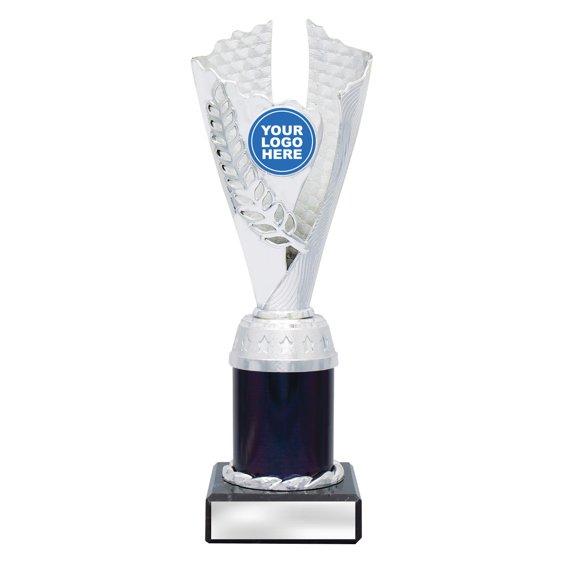 Medium silver laurel trophy with black textured insert, black column centre and engraving plate on black base