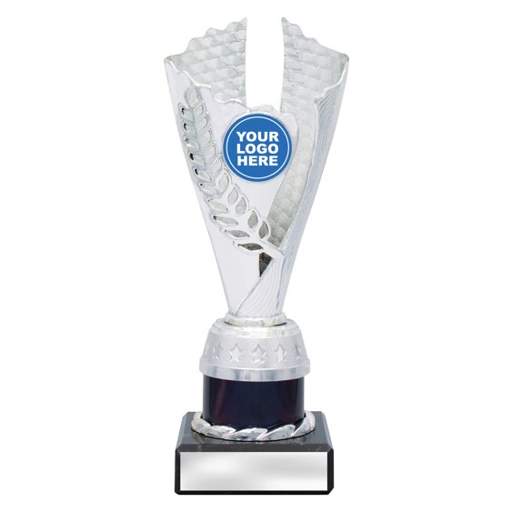 Small silver laurel trophy with black textured insert, black column centre and engraving plate on black base