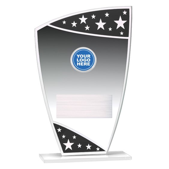 Silver acrylic award plaque with black star panels logo insert and blank engraving plate on clear base