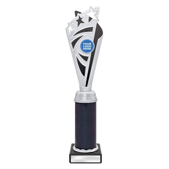 Extra large silver star burst trophy with black panel and dark column on black base with blank engraving plat