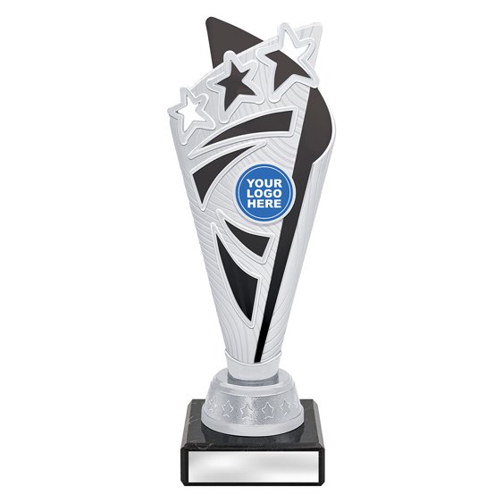 Extra small silver star burst trophy with black panel and dark column on black base with blank engraving plat