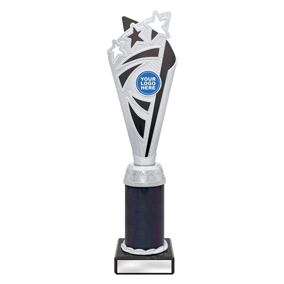 Large silver star burst trophy with black panel and dark column on black base with blank engraving plat