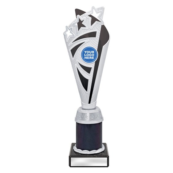 Medium silver star burst trophy with black panel and dark column on black base with blank engraving plat