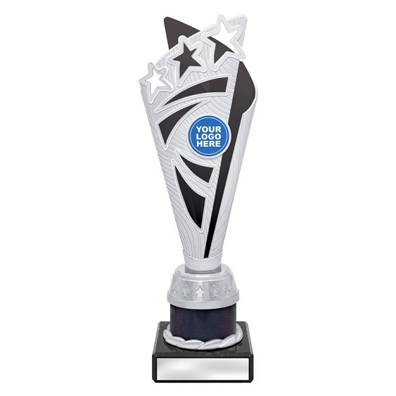 Small silver star burst trophy with black panel and dark column on black base with blank engraving plat