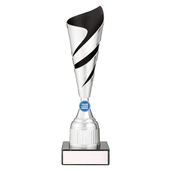 Extra large tall silver twist design cup trophy with black inner panel and circular logo insert on black base