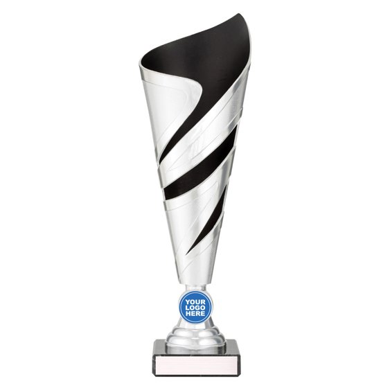 Extra small tall silver twist design cup trophy with black inner panel and circular logo insert on black base