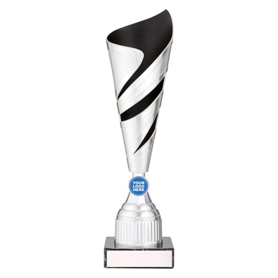 Large tall silver twist design cup trophy with black inner panel and circular logo insert on black base
