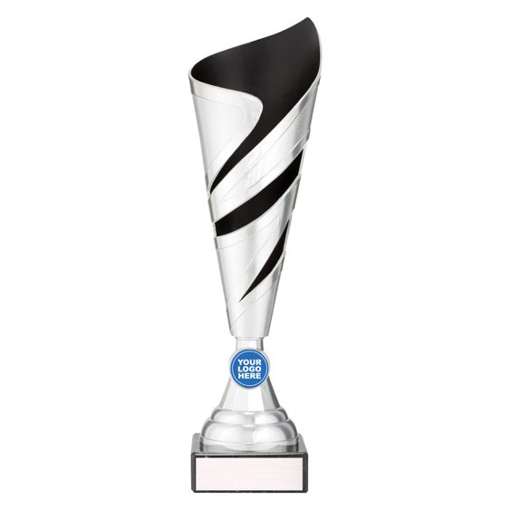 Medium tall silver twist design cup trophy with black inner panel and circular logo insert on black base